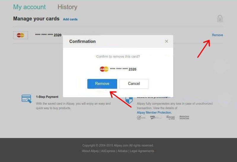 Odstranění kreditní karty z AliPay - Aliexpress