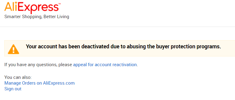 zruseni uctu aliexpress