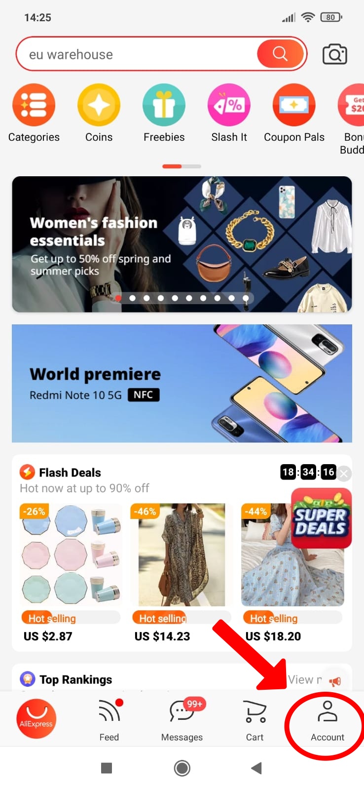 Jak vyhledat Evropsky sklad Aliexpress mobilni aplikace 5a