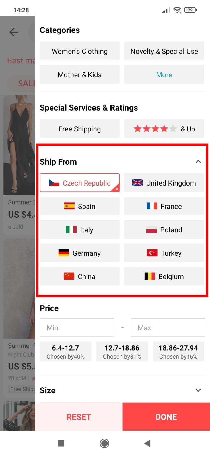 Jak vyhledat Evropsky sklad Aliexpress mobilni aplikace a