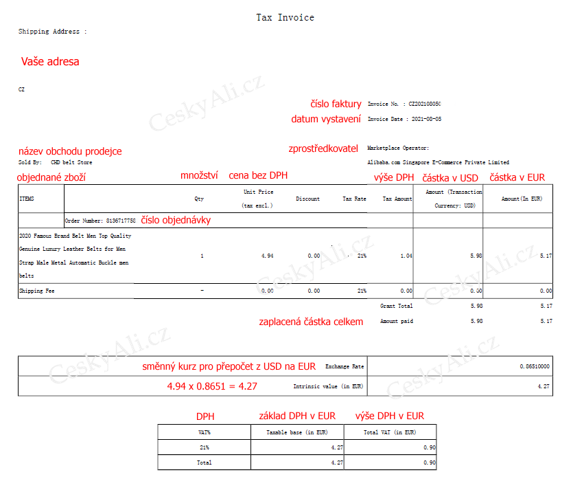 Faktura Invoice Aliexpress download stahnout EUR USD wm CZ