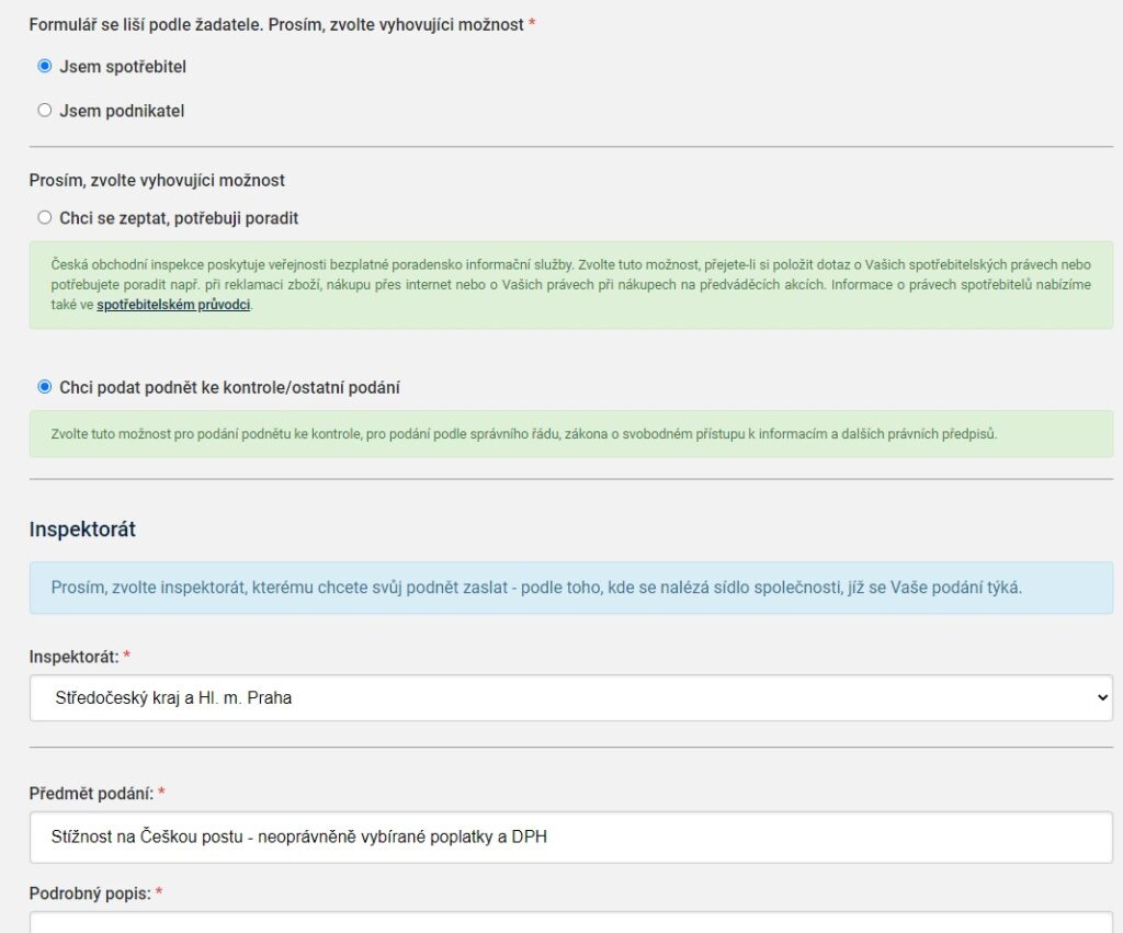 coi stiznost ceska posta podnet